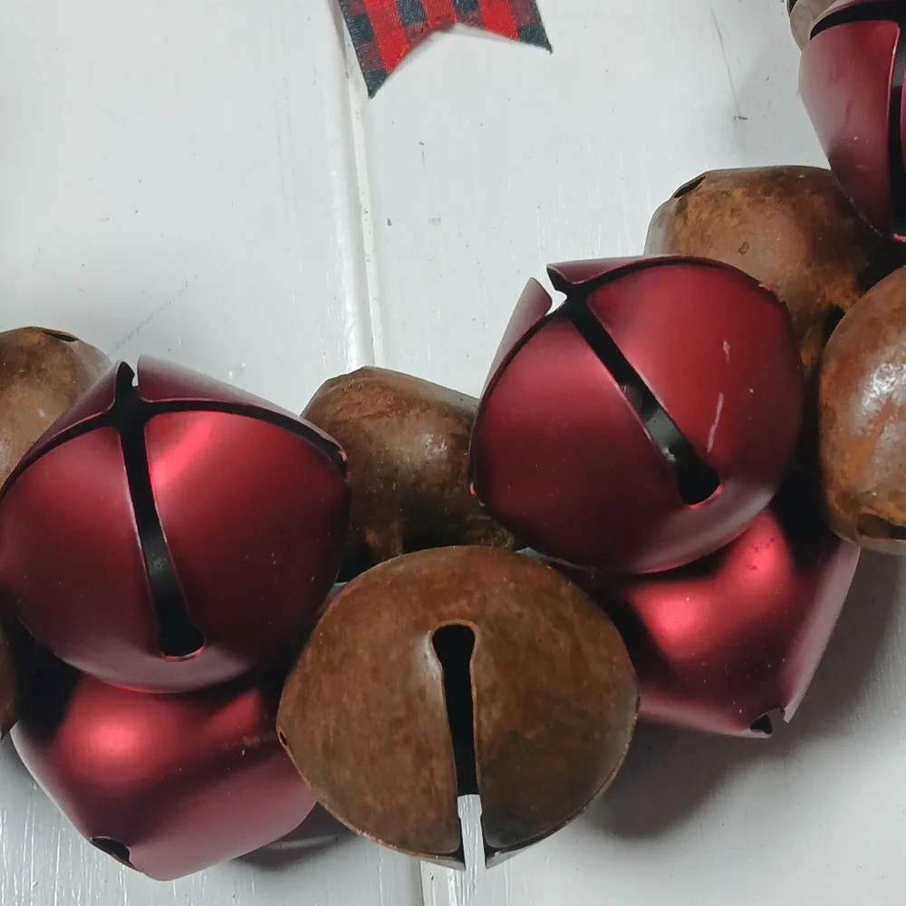 Red & Brown 13” Jingle Bell Metal Christmas Wreath, Holiday Decor Indoor Outdoor